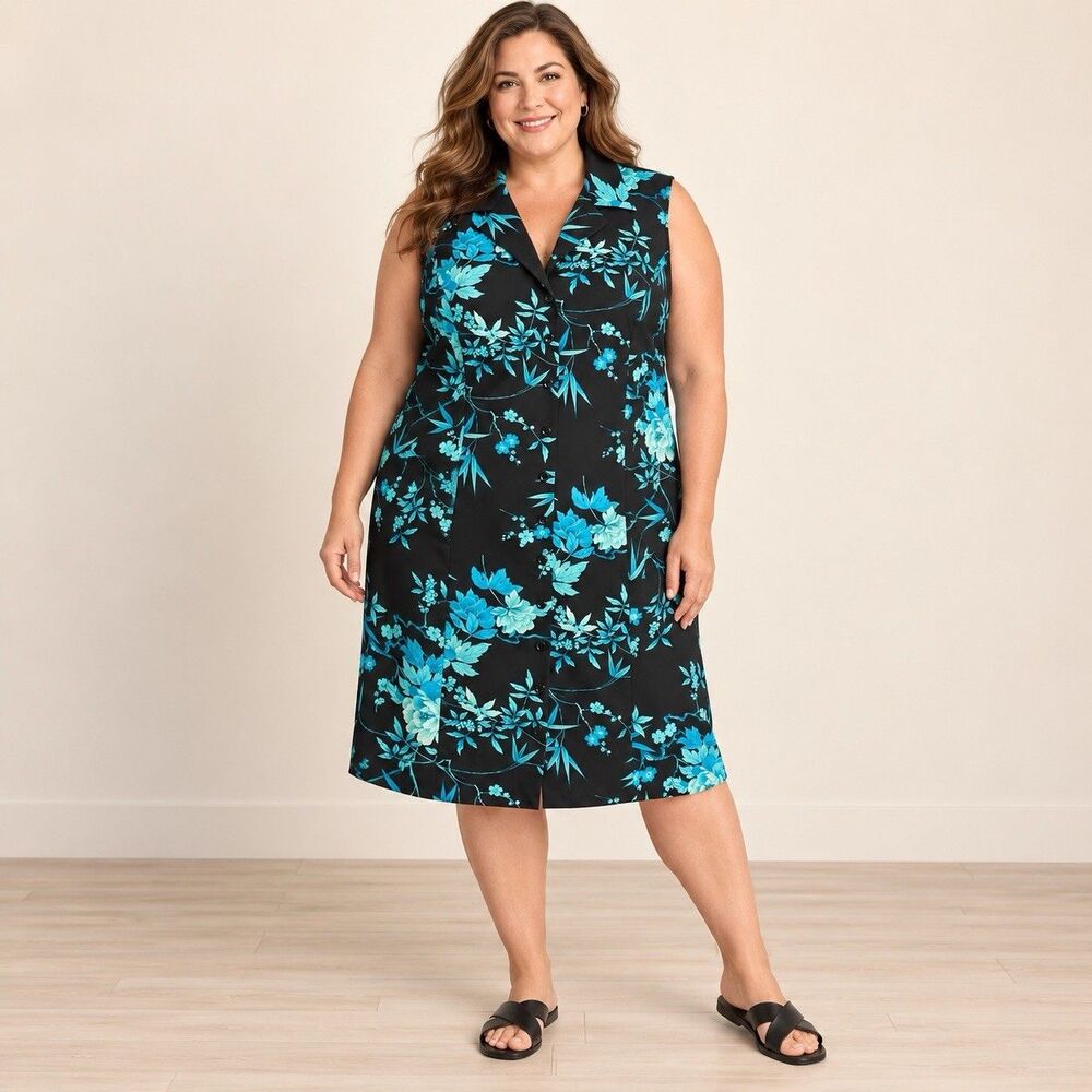 Studio I Womens 20W Black Blue Floral Sleeveless Button Front Midi Shirt Dress